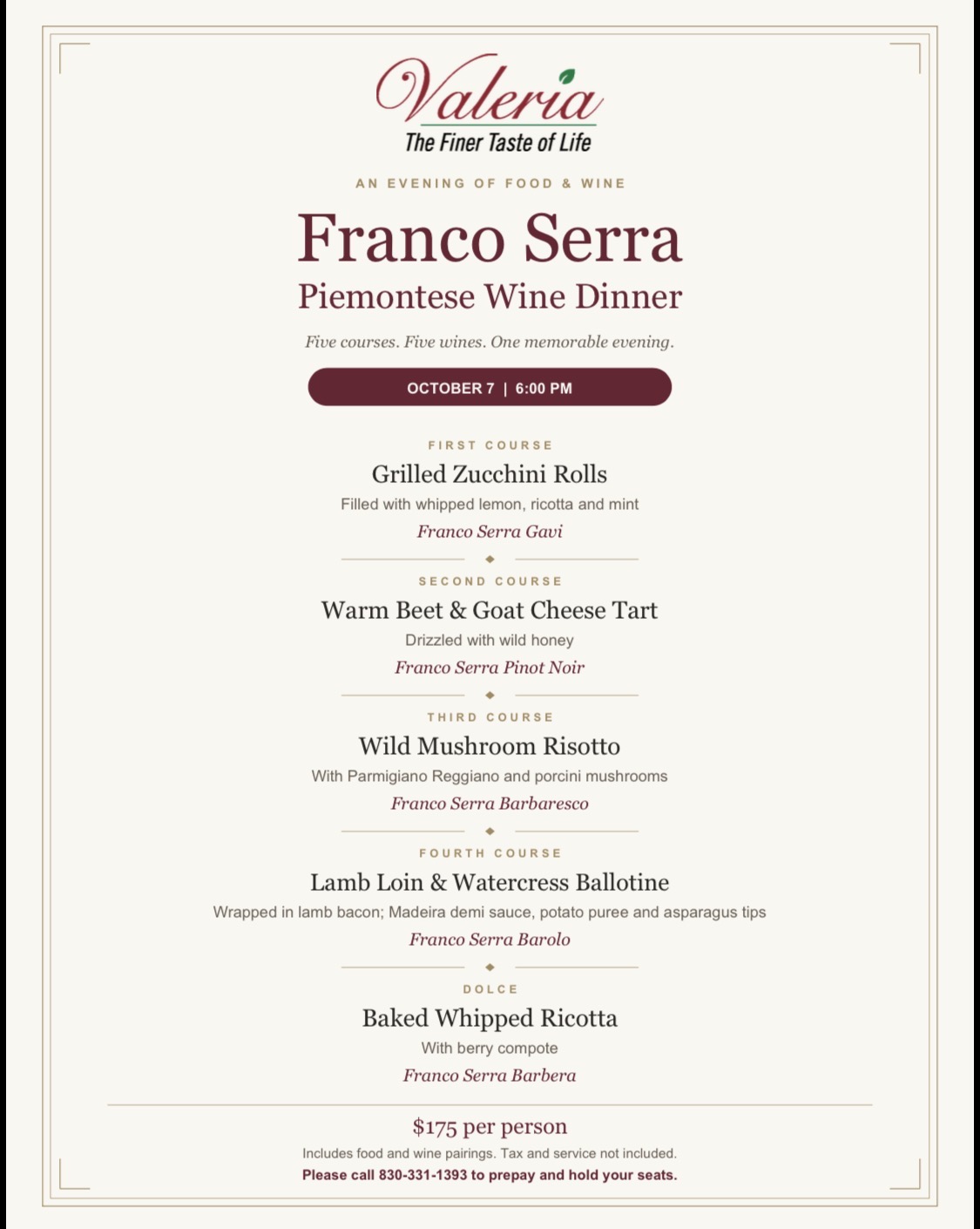 Franco Serra Piemontese Wine Dinner menu for October 7 at Valeria